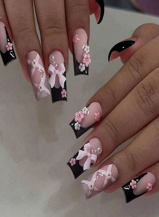 SEMATA Black Pink French Tip Press on Nails Medium Long Square Acrylic Fake Nails Press Ons with Glue 24Pcs Flower Pearls Cute Stick on Nail for Women 3D Bow Artificial Glue on False Nail 12 Sizes - Image 3